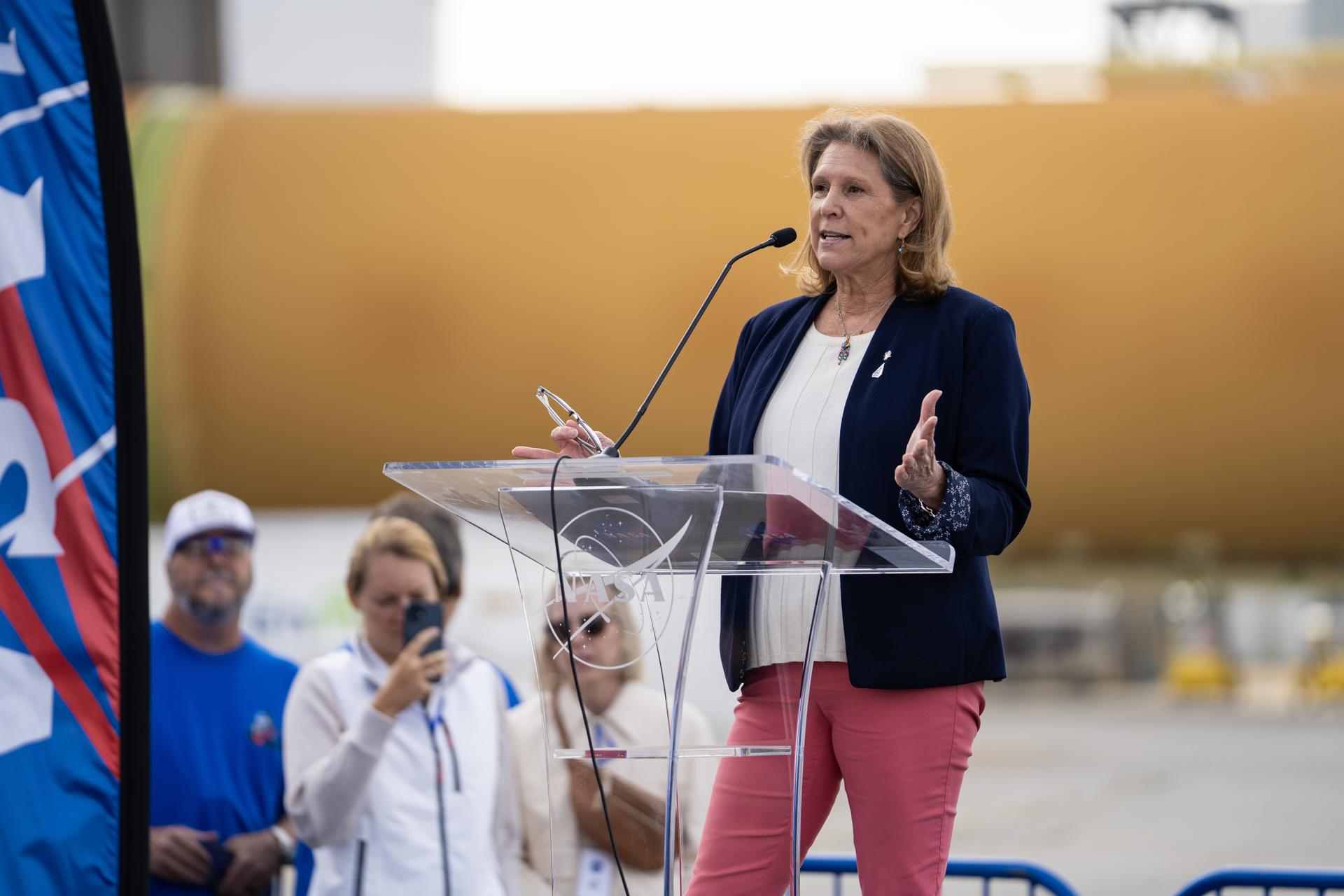 NASA moved the core stage, or the largest section, of the SLS (Space Launch System) rocket that will launch the crewed Artemis III mission in 2027 from the agency’s Michoud Assembly Facility to the agency’s Pegasus barge in New Orleans on April 20. The barge will ferry the top four-fifths – the section containing the liquid hydrogen tank, liquid oxygen tank, intertank, and forward skirt – of the SLS core stage to NASA’s Kennedy Space Center in Florida to complete outfitting and vertical integration.  Teams with NASA and Boeing, the SLS core stage lead contractor, used specialized transporters to guide the top four-fifths from the NASA rocket factory to Pegasus. Prior to the move, technicians added an engine section transportation simulator to the rocket stage for shipment to the Space Coast.  Next year’s Artemis III mission will launch astronauts to Earth’s orbit aboard the Orion spacecraft on top of SLS to test rendezvous and docking capabilities between Orion and commercial spacecraft needed to land Artemis IV astronauts on the Moon in 2028. NASA’s SLS is the only rocket capable of sending Orion, astronauts, and supplies to the Moon in a single launch. 